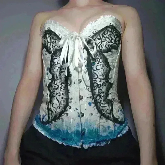 Butterfly on white romantic lace-up boned overbust sweetheart  corset bustier - Picture 3 of 11